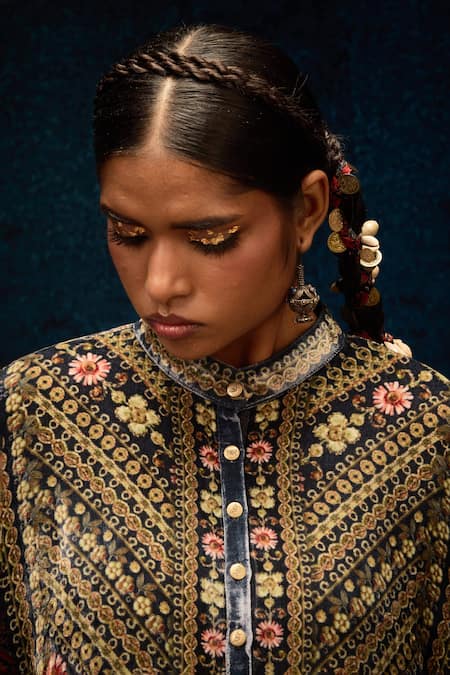 Shop_Rajdeep Ranawat_Blue Silk, Velvet Embroidery Collared Ajrakh Print Short Tunic _Online_at_Aza_Fashions