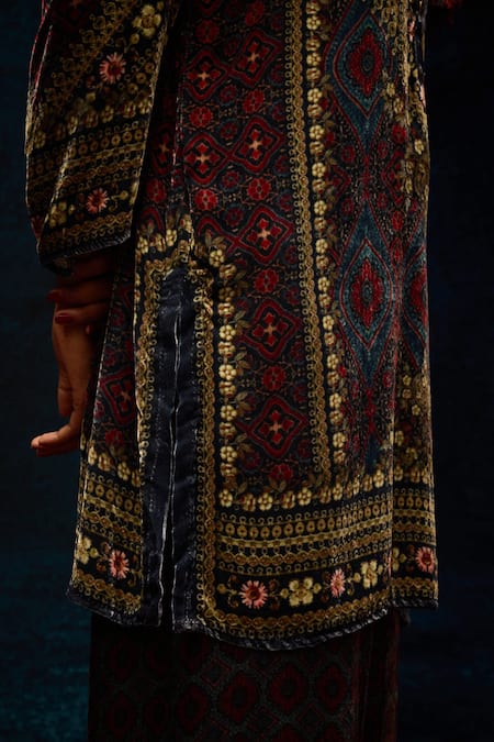 Shop_Rajdeep Ranawat_Maroon Silk Collared Ajrakh Print Velvet Kurta _Online_at_Aza_Fashions