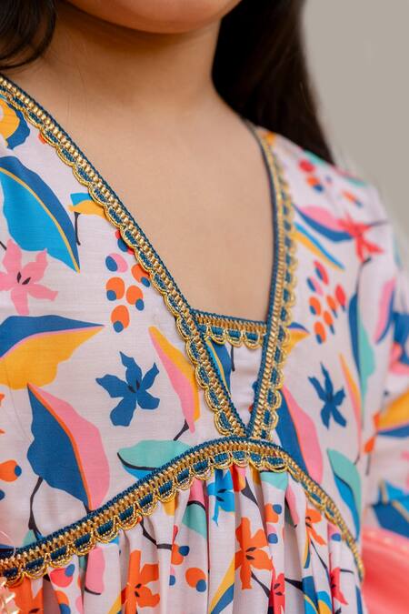 Petite Pomme_Multi Color Muslin, Net Lace, Floral Print Tiered Peplum Kurta And Sharara Set _Online_at_Aza_Fashions