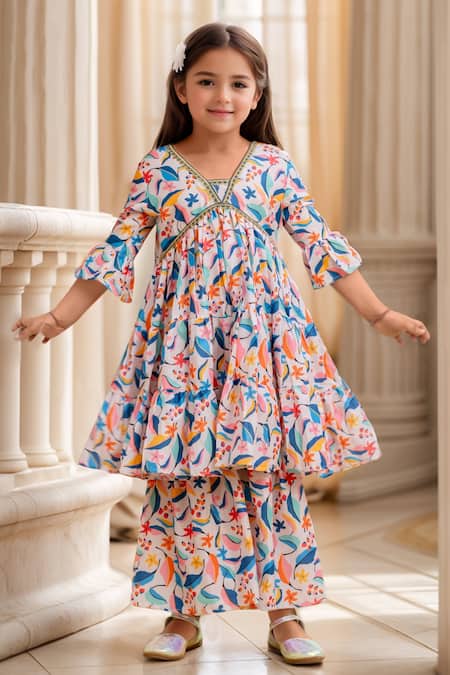 Buy Petite Pomme Multi Color Muslin, Net Lace, Floral Print Tiered Peplum Kurta And Sharara Set Online at Aza Fashions Buy_Petite Pomme_Multi Color Muslin, Net Lace, Floral Print Tiered Peplum Kurta And Sharara Set _Online_at_Aza_Fashions