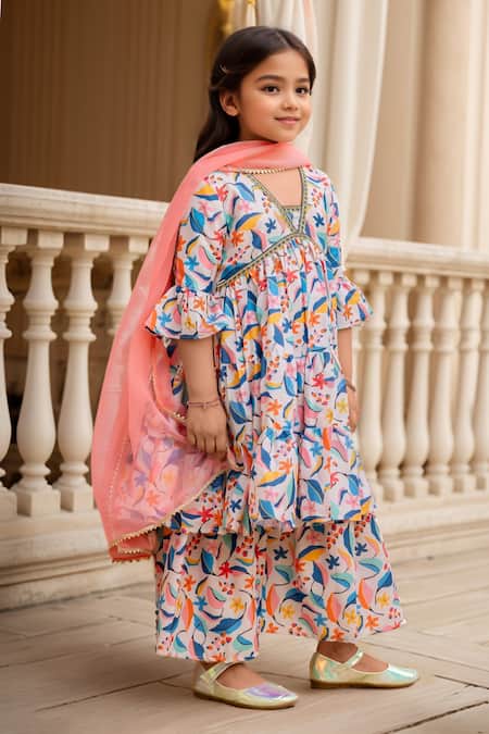 Shop Petite Pomme Multi Color Muslin, Net Lace, Floral Print Tiered Peplum Kurta And Sharara Set Online at Aza Fashions Shop_Petite Pomme_Multi Color Muslin, Net Lace, Floral Print Tiered Peplum Kurta And Sharara Set _Online_at_Aza_Fashions