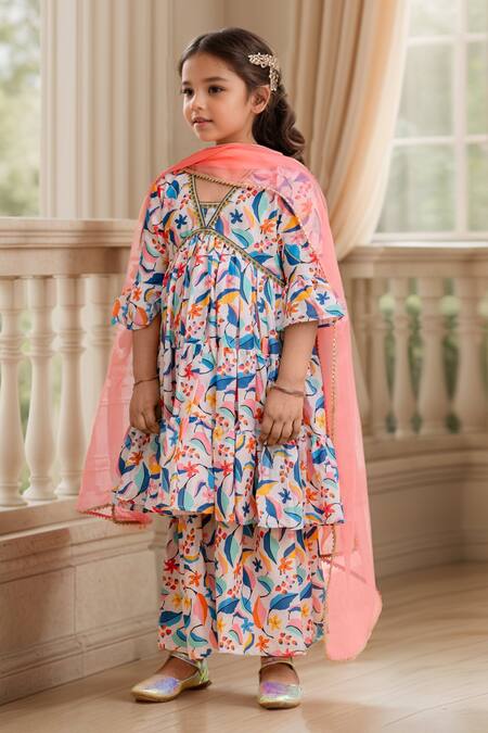 Petite Pomme Multi Color Muslin, Net Lace, Floral Print Tiered Peplum Kurta And Sharara Set at Aza Fashions Petite Pomme_Multi Color Muslin, Net Lace, Floral Print Tiered Peplum Kurta And Sharara Set _at_Aza_Fashions