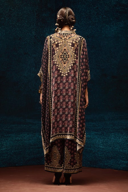 Rajdeep Ranawat Burgundy Ajrakh Printed Asymmetric Kurta 