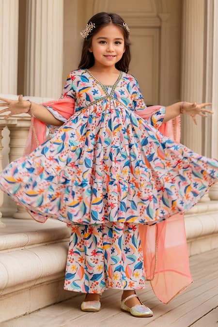 Buy Petite Pomme Multi Color Muslin, Net Lace, Floral Print Tiered Peplum Kurta And Sharara Set Buy_Petite Pomme_Multi Color Muslin, Net Lace, Floral Print Tiered Peplum Kurta And Sharara Set