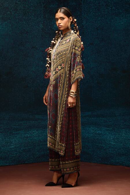 Buy_Rajdeep Ranawat_Blue Silk, Velvet Collared Ajrakh Print Straight Kurta _Online_at_Aza_Fashions