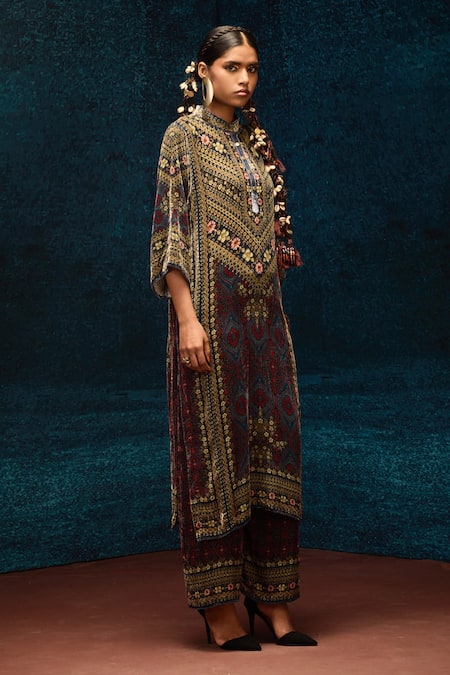 Shop_Rajdeep Ranawat_Blue Silk, Velvet Collared Ajrakh Print Straight Kurta _Online_at_Aza_Fashions