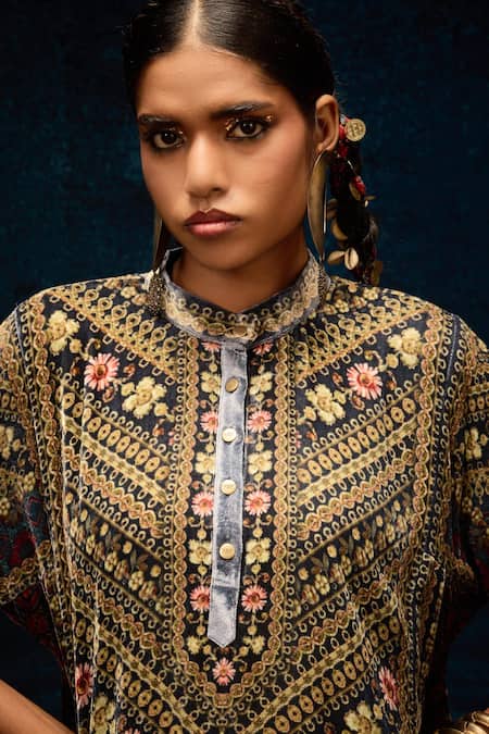 Rajdeep Ranawat_Blue Silk, Velvet Collared Ajrakh Print Straight Kurta _at_Aza_Fashions