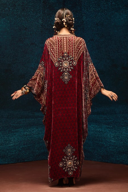 Shop_Rajdeep Ranawat_Maroon Silk, Velvet V-neck Ajrakh Print Kaftan _at_Aza_Fashions