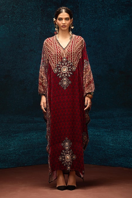 Rajdeep Ranawat_Maroon Silk, Velvet V-neck Ajrakh Print Kaftan _Online_at_Aza_Fashions