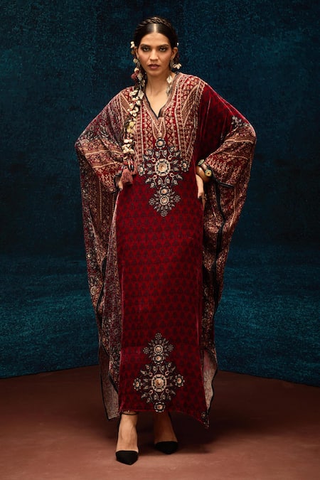Buy_Rajdeep Ranawat_Maroon Silk, Velvet V-neck Ajrakh Print Kaftan _Online_at_Aza_Fashions