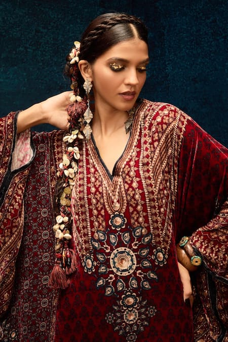 Shop_Rajdeep Ranawat_Maroon Silk, Velvet V-neck Ajrakh Print Kaftan _Online_at_Aza_Fashions