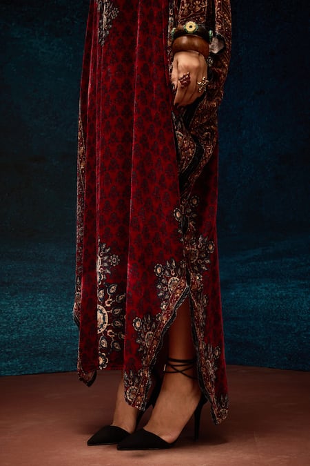 Rajdeep Ranawat_Maroon Silk, Velvet V-neck Ajrakh Print Kaftan _at_Aza_Fashions