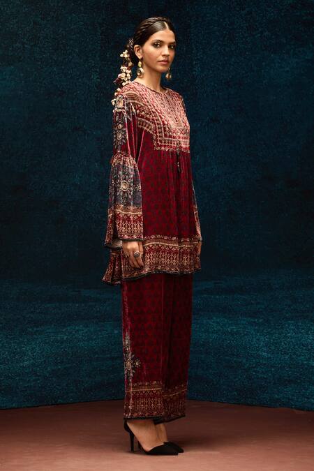 Rajdeep Ranawat_Maroon Silk, Velvet Open Neck Ajrakh Print Short Tunic _Online_at_Aza_Fashions