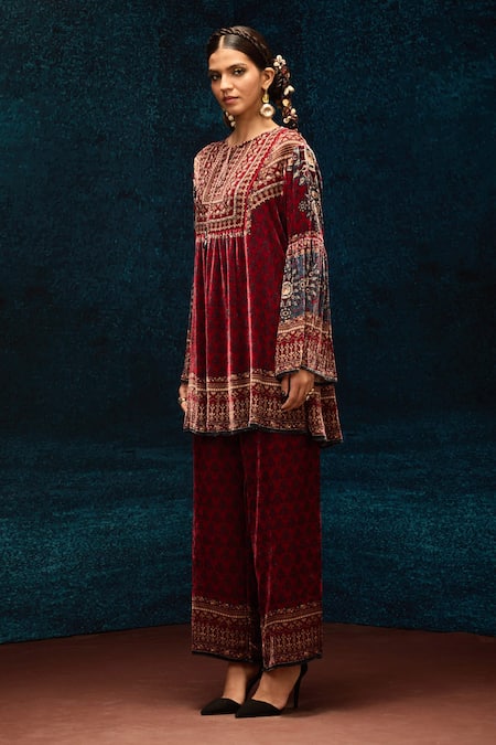 Buy_Rajdeep Ranawat_Maroon Silk, Velvet Open Neck Ajrakh Print Short Tunic _Online_at_Aza_Fashions
