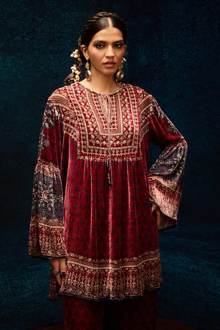 Shop_Rajdeep Ranawat_Maroon Silk, Velvet Open Neck Ajrakh Print Short Tunic _Online_at_Aza_Fashions