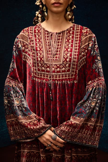 Rajdeep Ranawat_Maroon Silk, Velvet Open Neck Ajrakh Print Short Tunic _at_Aza_Fashions
