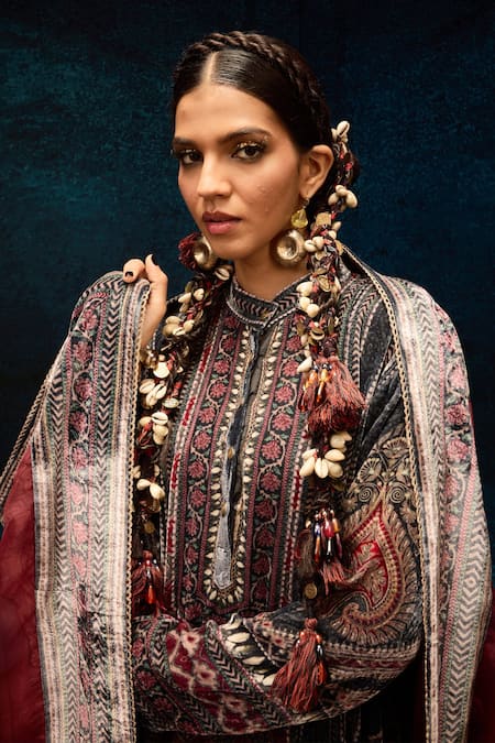 Shop_Rajdeep Ranawat_Multi Color Silk Bandeau Neck Ajrakh Print Anarkali _Online_at_Aza_Fashions