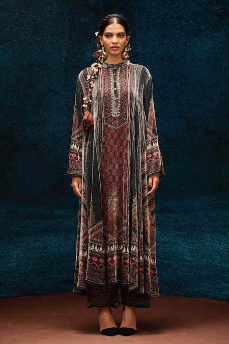 Rajdeep Ranawat_Multi Color Silk Bandeau Neck Ajrakh Print Anarkali _at_Aza_Fashions