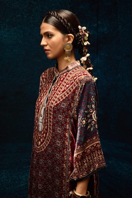 Shop_Rajdeep Ranawat_Maroon Silk, Velvet Collared Ajrakh Printed Kurta _Online_at_Aza_Fashions