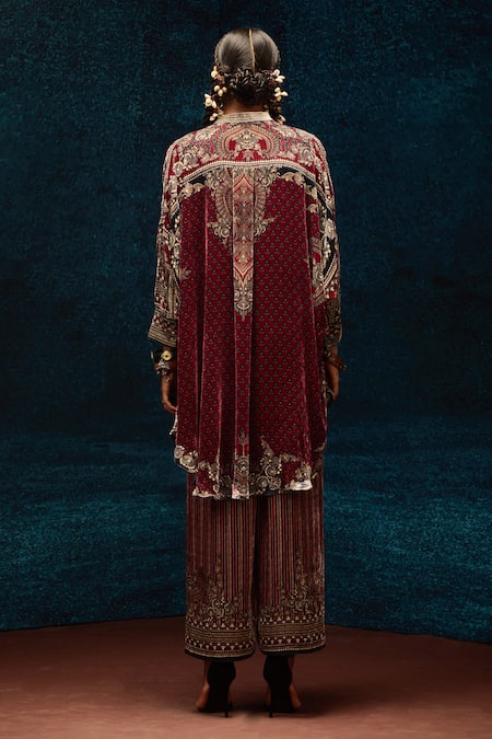 Shop_Rajdeep Ranawat_Maroon Silk Bandeau Neck Ajrakh Print Kurta _at_Aza_Fashions