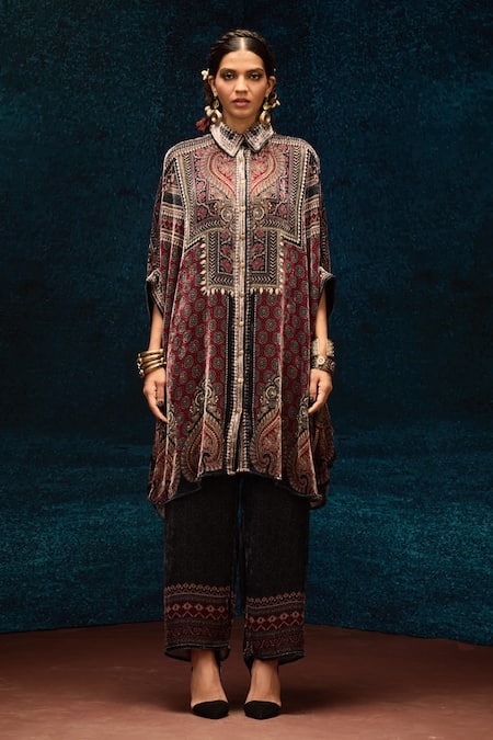 Rajdeep Ranawat Ajrakh Print Maroon Kaftan Shirt 