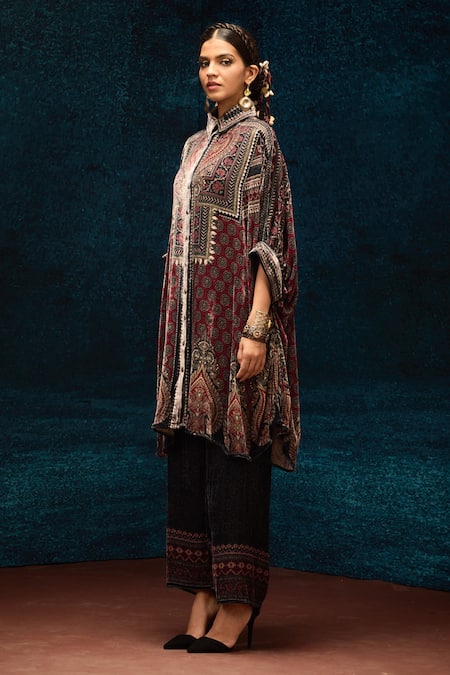 Rajdeep Ranawat_Maroon Silk Collared Ajrakh Print Kaftan Shirt _Online_at_Aza_Fashions