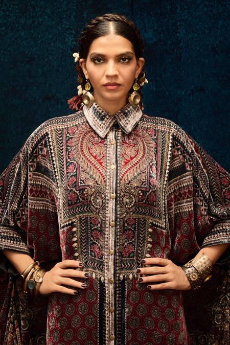 Buy_Rajdeep Ranawat_Maroon Silk Collared Ajrakh Print Kaftan Shirt _Online_at_Aza_Fashions
