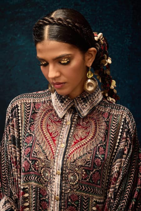 Shop_Rajdeep Ranawat_Maroon Silk Collared Ajrakh Print Kaftan Shirt _Online_at_Aza_Fashions