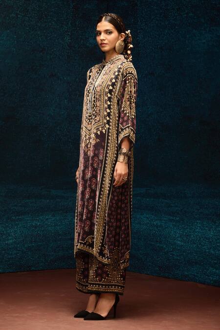 Buy_Rajdeep Ranawat_Burgundy Silk Embroidery Bandeau Neck Ajrakh Printed Long Kurta _Online_at_Aza_Fashions