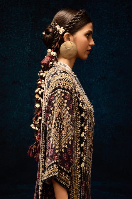 Shop_Rajdeep Ranawat_Burgundy Silk Embroidery Bandeau Neck Ajrakh Printed Long Kurta _Online_at_Aza_Fashions
