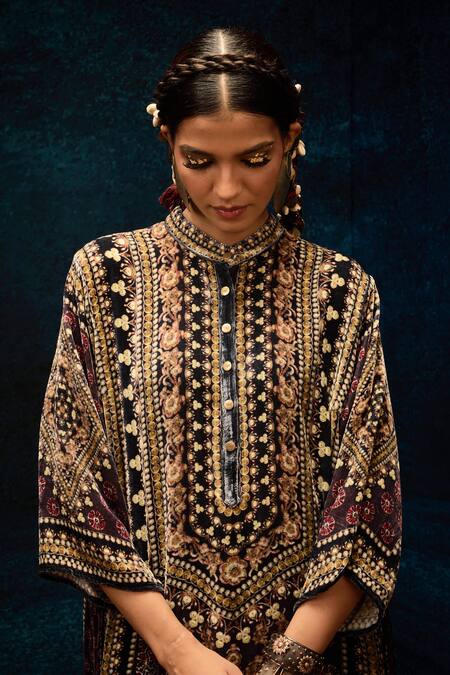 Rajdeep Ranawat_Burgundy Silk Embroidery Bandeau Neck Ajrakh Printed Long Kurta _at_Aza_Fashions