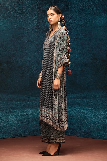 Buy_Rajdeep Ranawat_Black Silk, Velvet Embroidery V-neck Ajrakh Printed Kimono Tunic _Online_at_Aza_Fashions