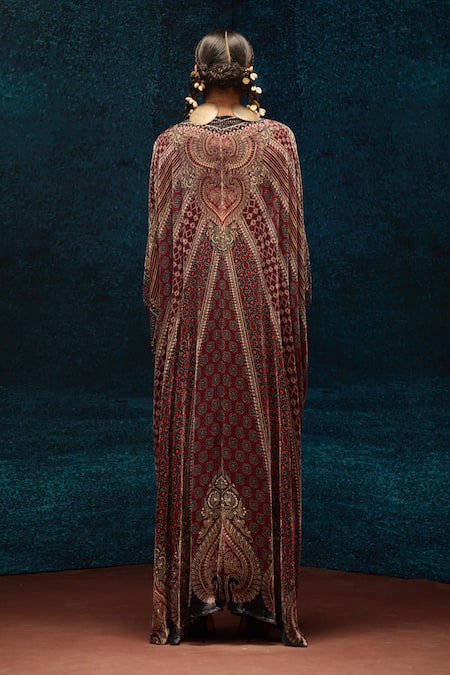 Shop_Rajdeep Ranawat_Maroon Silk V-neck Ajrakh Print Velvet Kaftan _at_Aza_Fashions