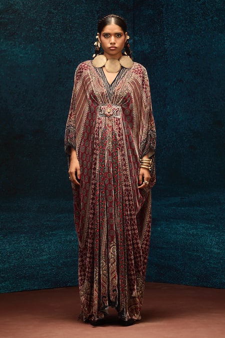 Rajdeep Ranawat_Maroon Silk V-neck Ajrakh Print Velvet Kaftan _Online_at_Aza_Fashions