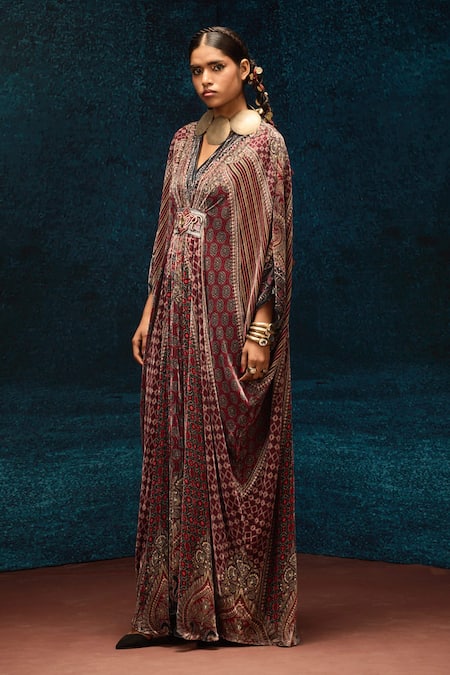 Buy_Rajdeep Ranawat_Maroon Silk V-neck Ajrakh Print Velvet Kaftan _Online_at_Aza_Fashions