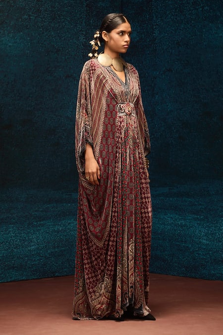 Shop_Rajdeep Ranawat_Maroon Silk V-neck Ajrakh Print Velvet Kaftan _Online_at_Aza_Fashions
