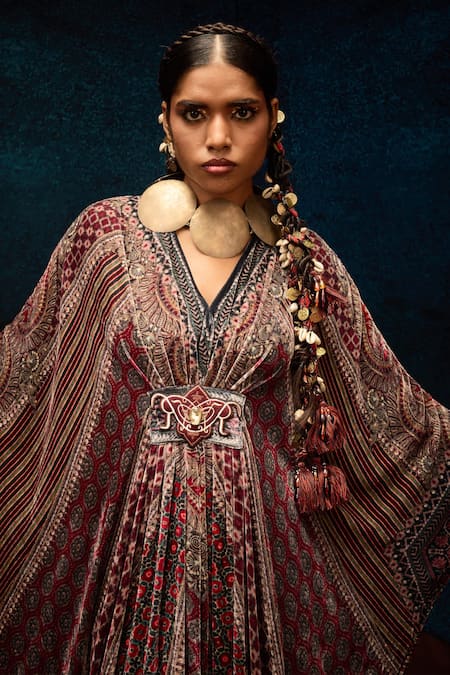Rajdeep Ranawat_Maroon Silk V-neck Ajrakh Print Velvet Kaftan _at_Aza_Fashions