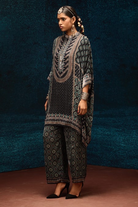 Buy Rajdeep Ranawat Black Silk Bandeau Neck Ajrakh Print Velvet Asymmetric Tunic Online at Aza Fashions Buy_Rajdeep Ranawat_Black Silk Bandeau Neck Ajrakh Print Velvet Asymmetric Tunic _Online_at_Aza_Fashions