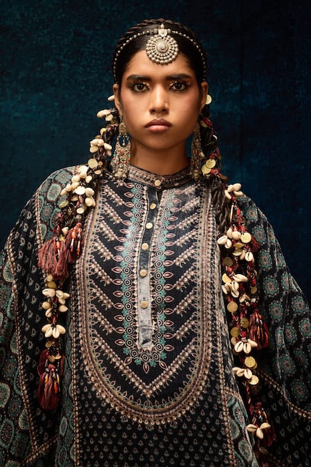 Rajdeep Ranawat Black Silk Bandeau Neck Ajrakh Print Velvet Asymmetric Tunic at Aza Fashions Rajdeep Ranawat_Black Silk Bandeau Neck Ajrakh Print Velvet Asymmetric Tunic _at_Aza_Fashions