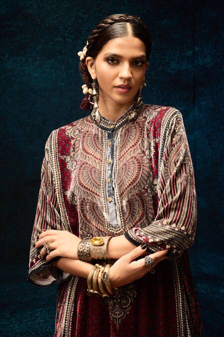 Buy_Rajdeep Ranawat_Maroon Silk Embroidery Bandeau Neck Ajrakh Printed Long Kurta _Online_at_Aza_Fashions