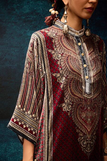 Shop_Rajdeep Ranawat_Maroon Silk Embroidery Bandeau Neck Ajrakh Printed Long Kurta _Online_at_Aza_Fashions