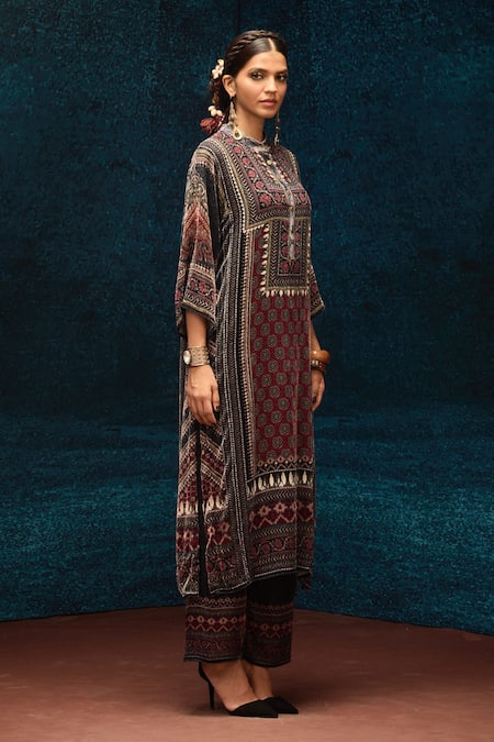 Rajdeep Ranawat_Black Silk, Velvet Bandeau Neck Ajrakh Printed Kurta _Online_at_Aza_Fashions