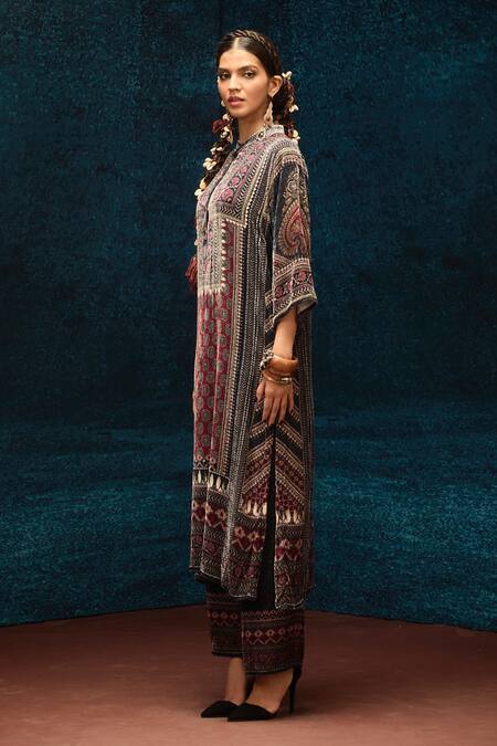 Buy_Rajdeep Ranawat_Black Silk, Velvet Bandeau Neck Ajrakh Printed Kurta _Online_at_Aza_Fashions