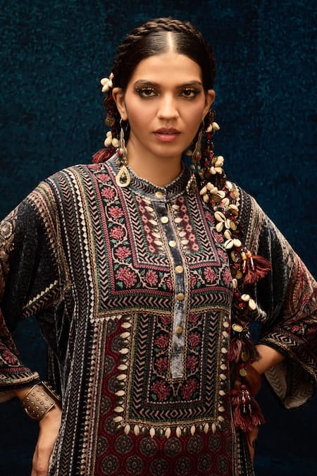Shop_Rajdeep Ranawat_Black Silk, Velvet Bandeau Neck Ajrakh Printed Kurta _Online_at_Aza_Fashions