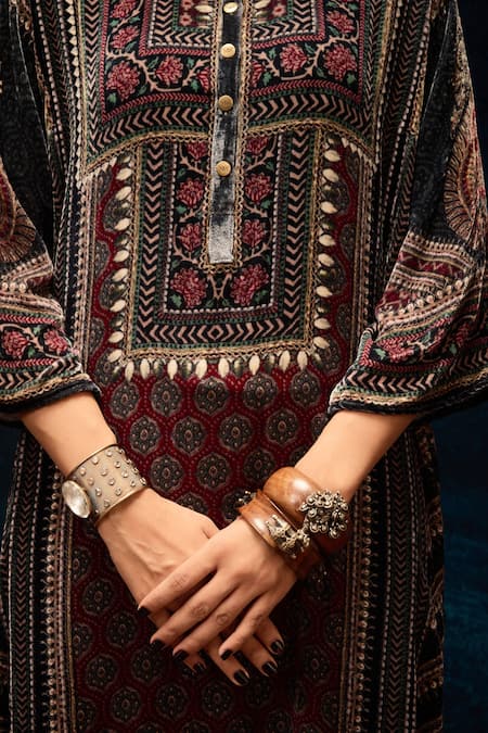 Rajdeep Ranawat_Black Silk, Velvet Bandeau Neck Ajrakh Printed Kurta _at_Aza_Fashions