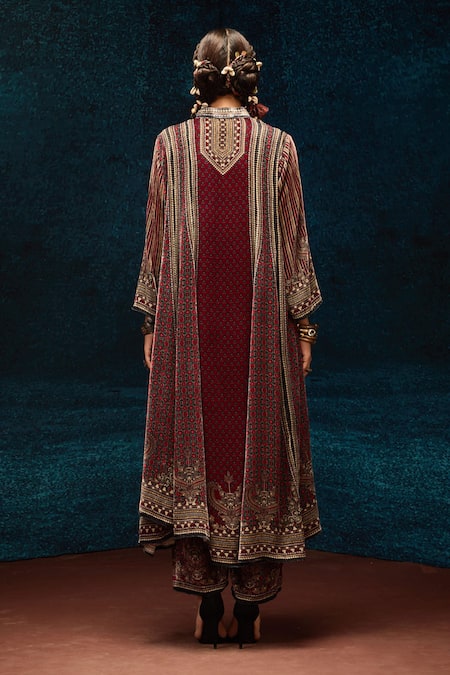 Shop_Rajdeep Ranawat_Maroon Silk Embroidery Collared Ajrakh Printed Kalidar Kurta _at_Aza_Fashions