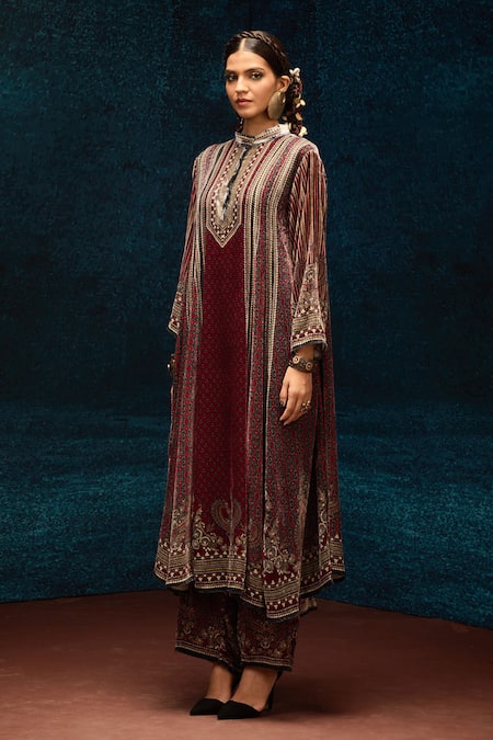 Buy_Rajdeep Ranawat_Maroon Silk Embroidery Collared Ajrakh Printed Kalidar Kurta _Online_at_Aza_Fashions
