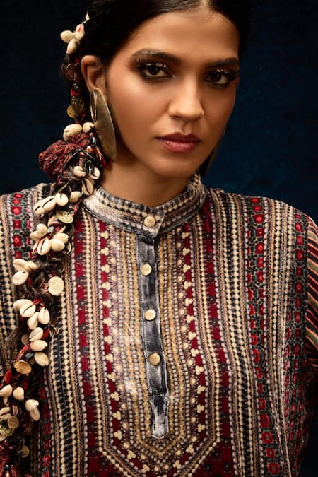 Shop_Rajdeep Ranawat_Maroon Silk Embroidery Collared Ajrakh Printed Kalidar Kurta _Online_at_Aza_Fashions