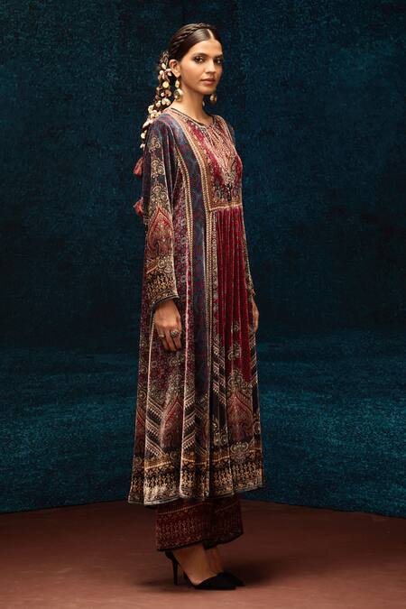 Rajdeep Ranawat_Blue Silk, Velvet Embroidery Open Neck Ajrakh Print Anarkali Tunic _Online_at_Aza_Fashions