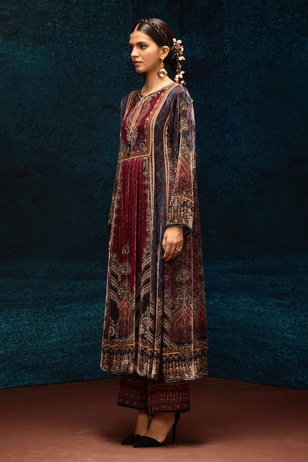 Buy_Rajdeep Ranawat_Blue Silk, Velvet Embroidery Open Neck Ajrakh Print Anarkali Tunic _Online_at_Aza_Fashions